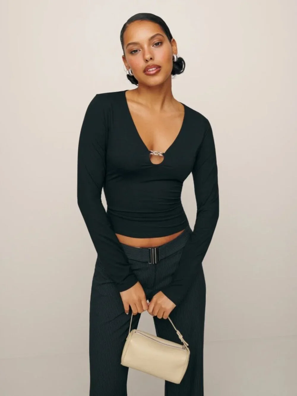 Reformation Black Clasp Keyhole Zora Knit Long Sleeve Top